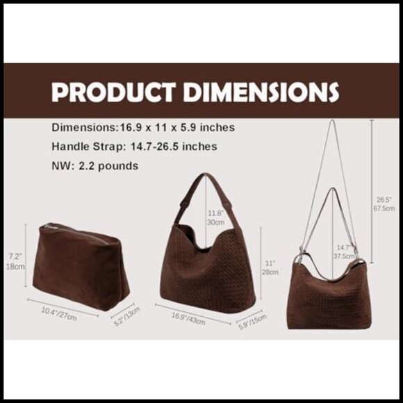 Vintage Woven Tote Bag Vegan Leather Slouchy Hobo Crossbody Large Capacity - Picture 4 of 6